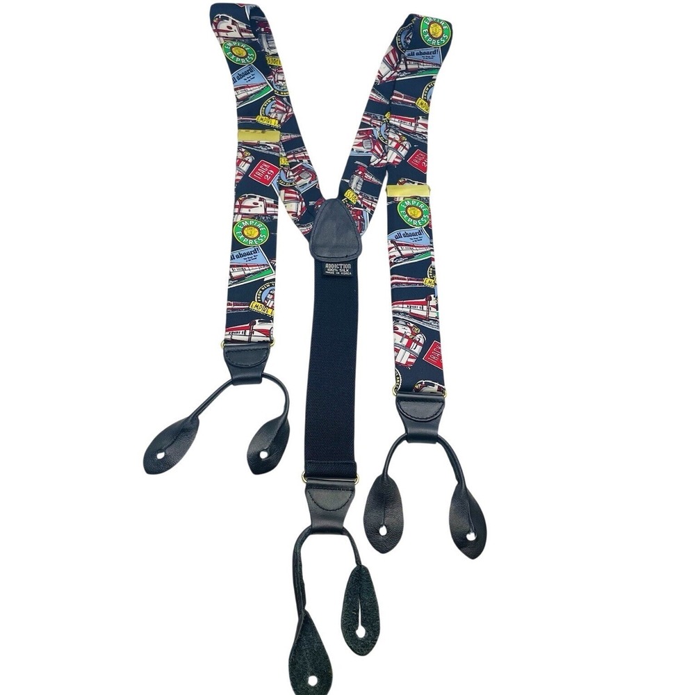 Addiction Men Suspenders 100% Silk Train‎ Print Adjustable One Size Y-Back